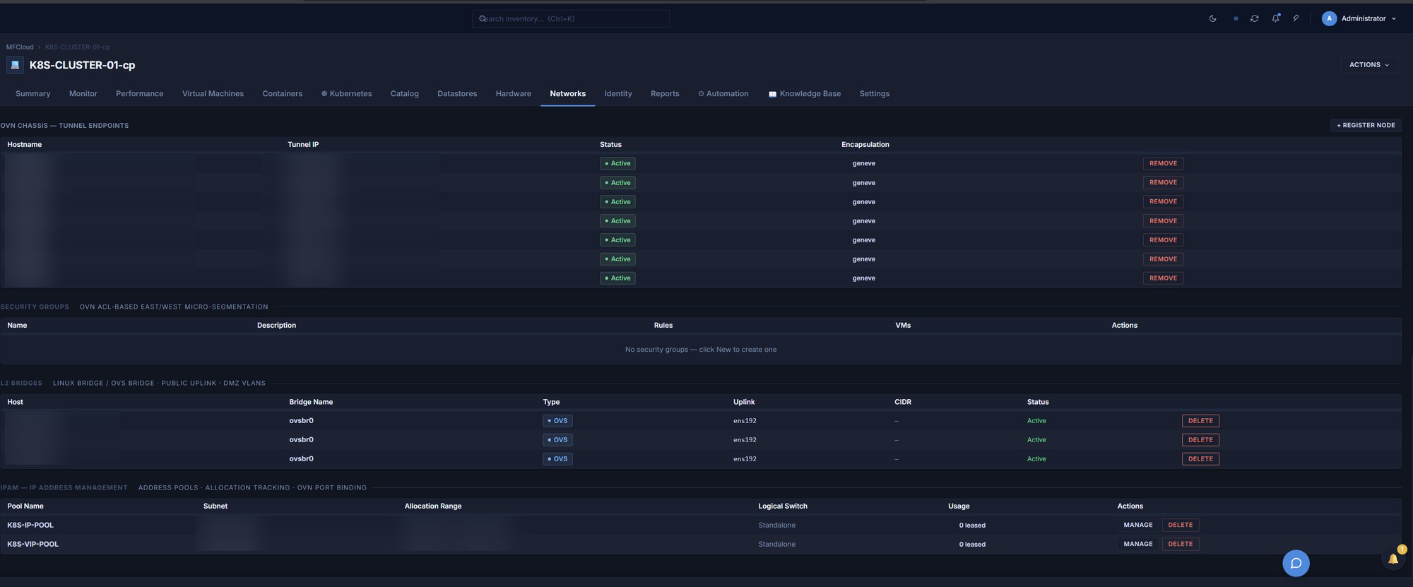 OVN overlay tunnel endpoints, L2 bridges, and IP address management