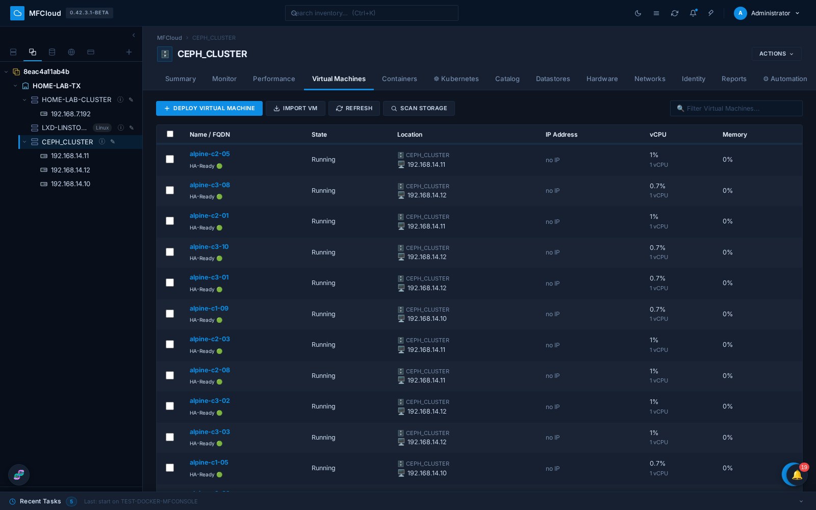 Virtual machine management — HA-protected guests running on a Ceph-backed cluster